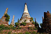 Inle Lake Myanmar. Indein, a cluster of ancient stupas  ruined and overgrown with bushes, just behind the village. 